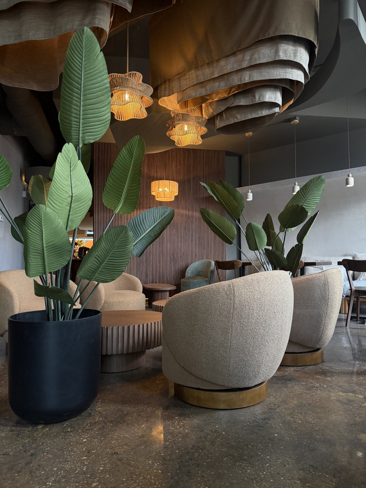 Mate & Co. interior — woven pendant lighting, ribbed wood wall, boucle chairs, and lush greenery