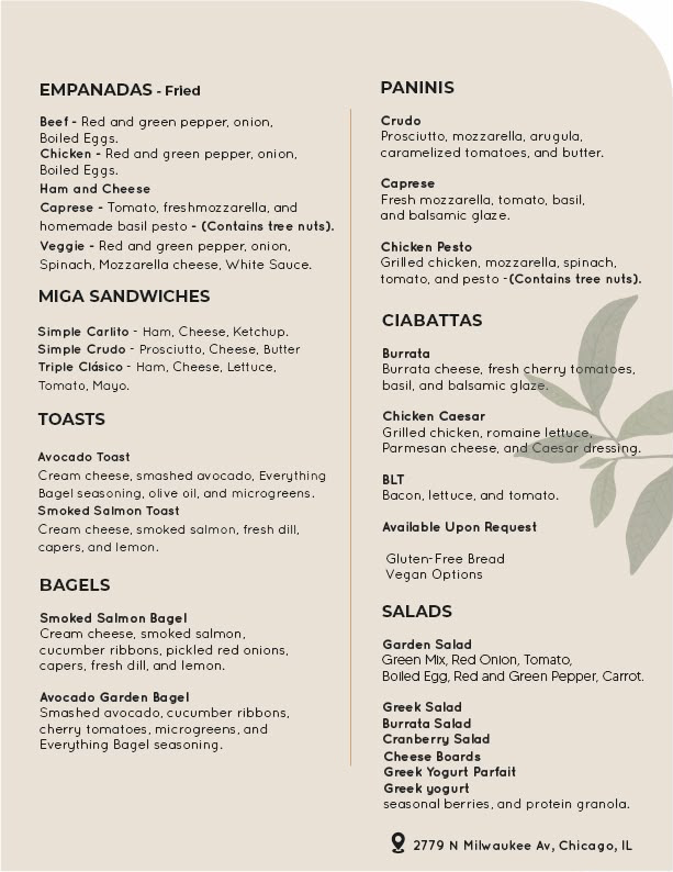 Mate & Co. menu — empanadas, paninis, miga sandwiches, toasts, bagels, ciabattas, and salads