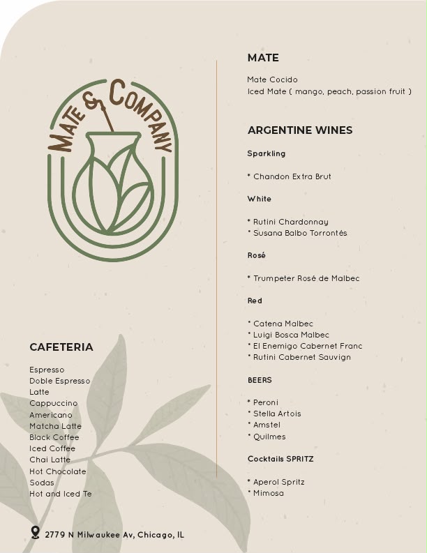 Mate & Co. menu — mate, Argentine wines, beers, cocktails, and cafeteria drinks
